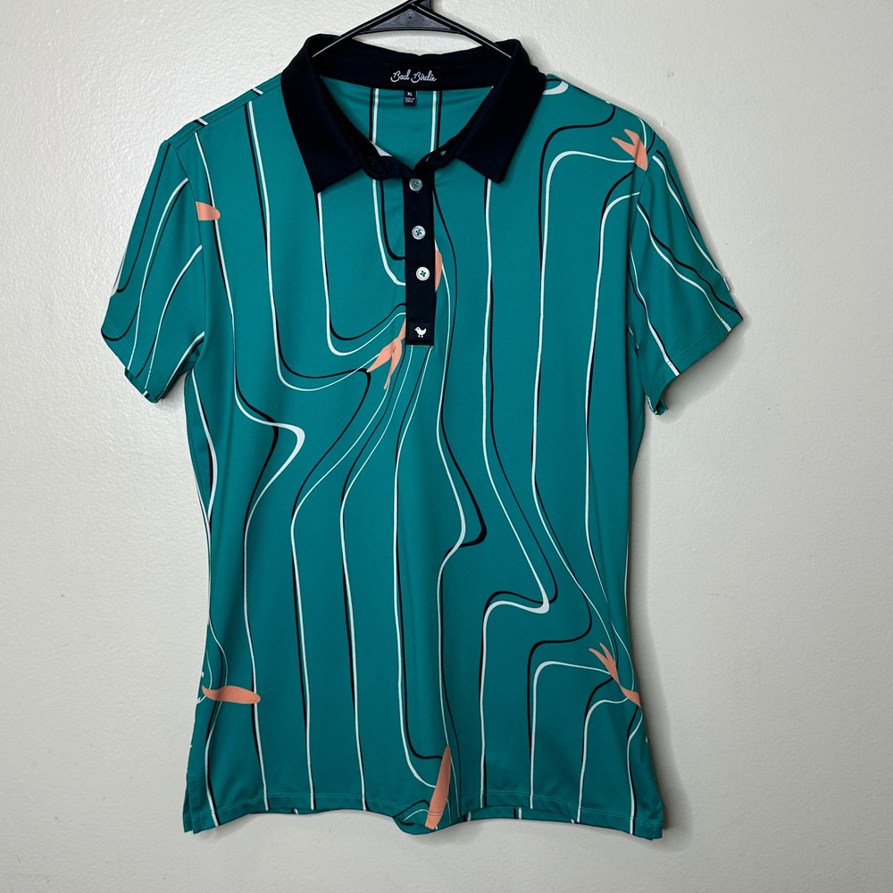 Bad Birdie Women's Polo Shirt Teal Abstract Stripe Golf Athletic Top size XL